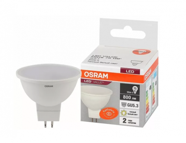 Лампа MR16 10SW/830 220-240V GU5.3 800lm 75 110° d50x41 LED OSRAM