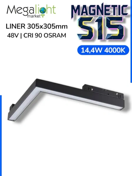 Светильник LINER MAGNETIC S15 Угловой 48V 14.4W 120° 4000K CRI90 OSRAM | Черный корпус L305х305mm